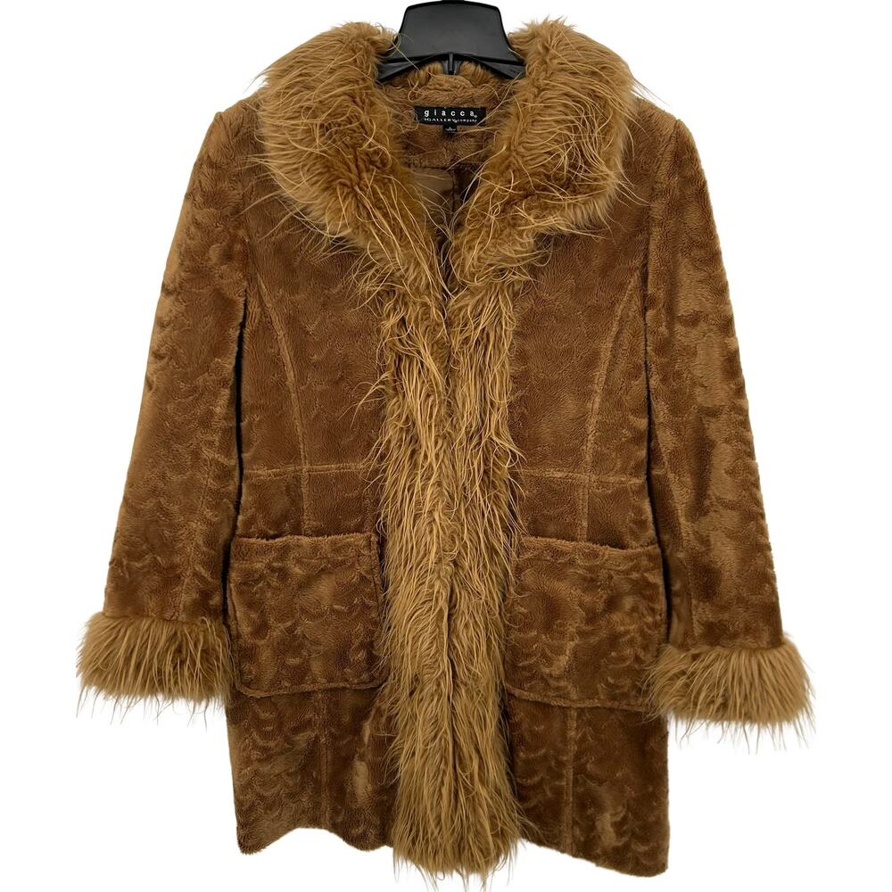 Vintage Y2K Women's Giacca Faux Fur Penny Lane Afghan Coat Long Tan Brown sz Sm